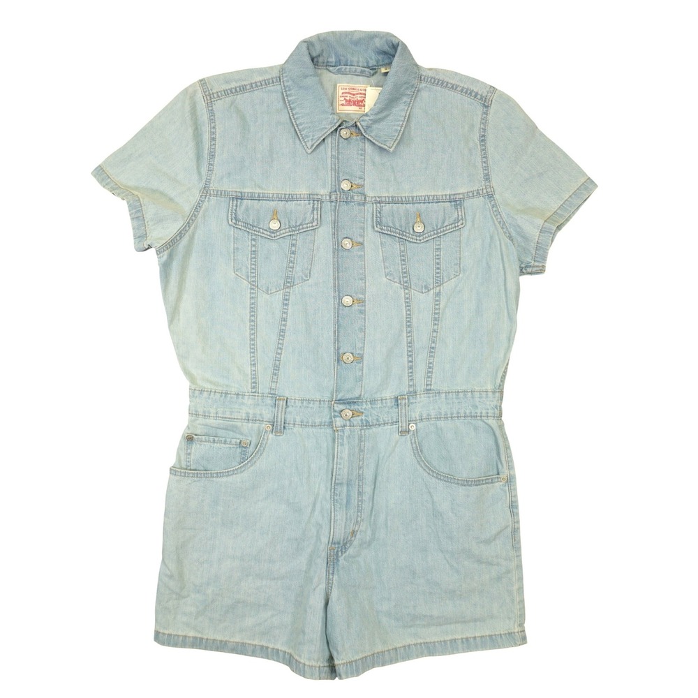 Levi Romper Women Large Light Blue Denim Short Sleeve Button Front Utility